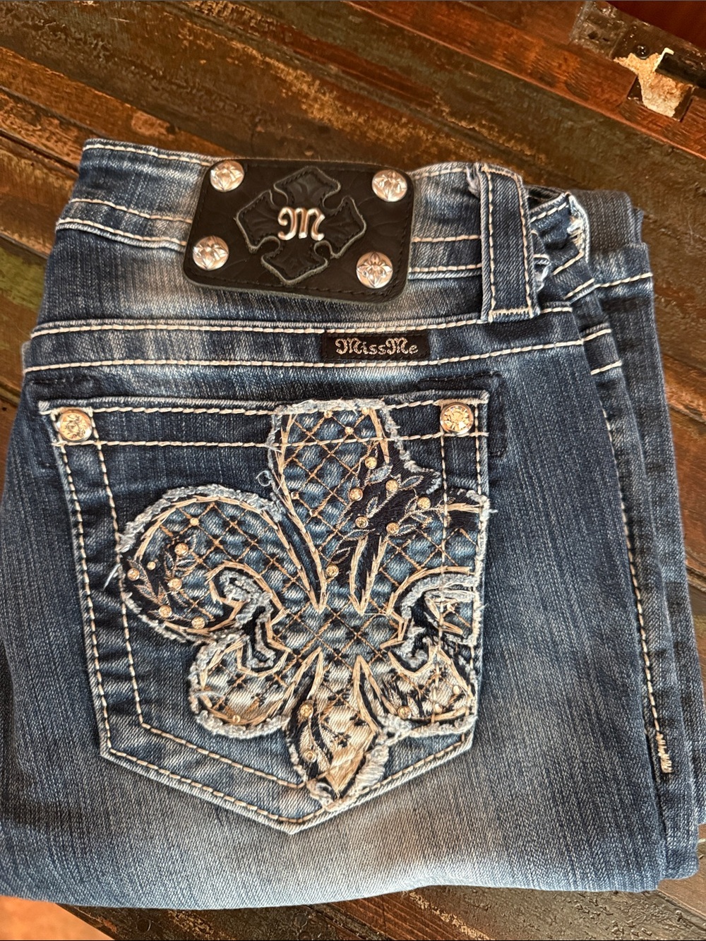Miss Me Blue Embroidered Fleur-de-Lis Boot Cut Jeans